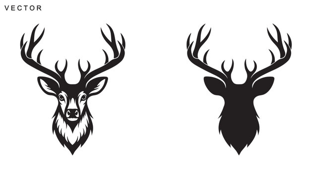 Deer head and antlers logo silhouette vector art illustration on a white background