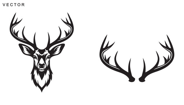 Deer head and antlers logo silhouette vector art illustration on a white background
