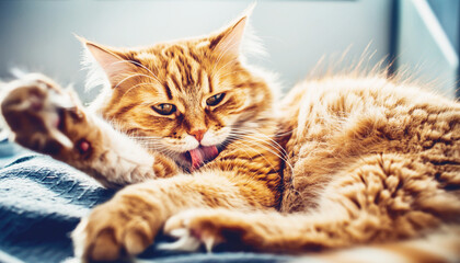 Fluffy ginger cat licking its fur, cat bathing, selective focus. AI