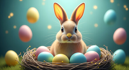 Easter day celebration with easter bunny and colorful eggs