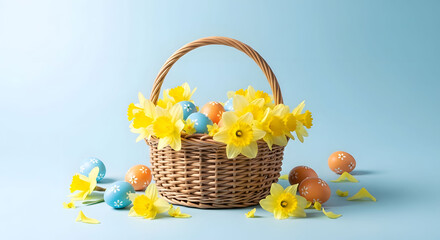 Easter day celebration with colorful eggs and flowers in a basket