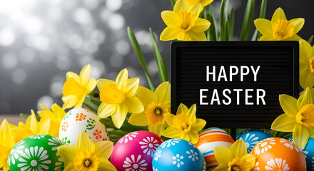 Happy easter day celebration with colorful eggs and yellow daffodils