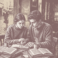 A young couple studying together in a cozy cafe on a rainy day. Detailed vector illustration in a classic, vintage monochrome engraving style.