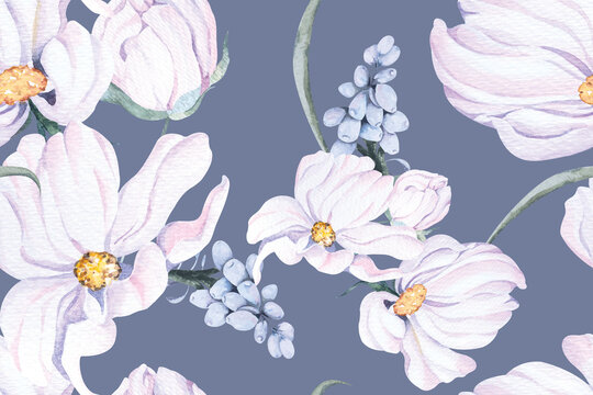 Purple flower and Cosmos flower seamless pattern with watercolor.Designed for fabric and wallpaper, vintage style.Botanical Blooming floral painting for summer.Wildflower on pastel background.
