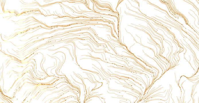 Abstract topographic style image featuring gold lines on white background, resembling contour maps or flowing water patt