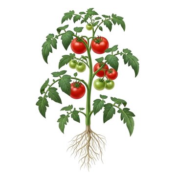 Tomato plant with red and green tomatoes and roots