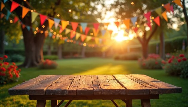 Wooden table in garden with festive bunting and sun glare. Outdoor party setting with green lawn and flower beds. Evening ambiance perfect for celebration backdrop.