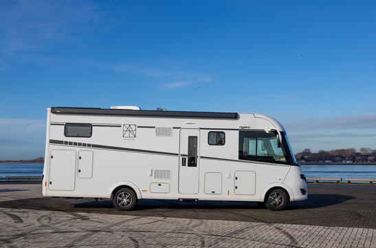 luxury motor home parked up overlooking entrance to Rotterdam harbour