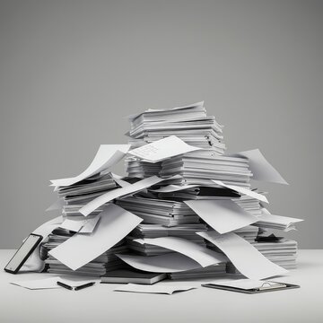 A massive pile of scattered white papers and miscellaneous office items creating a significant, frustrating mess on a clean, blank surface ,workplace ,supplies ,organization