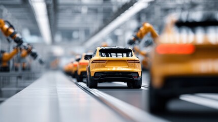 Fototapeta premium Modern car assembly production line showcasing robotic arms and vibrant yellow vehicles moving from left to right in a high-tech environment