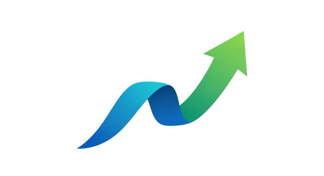 A colorful, gradient arrow icon pointing upwards in a dynamic, swirling motion, symbolizing growth and progress.