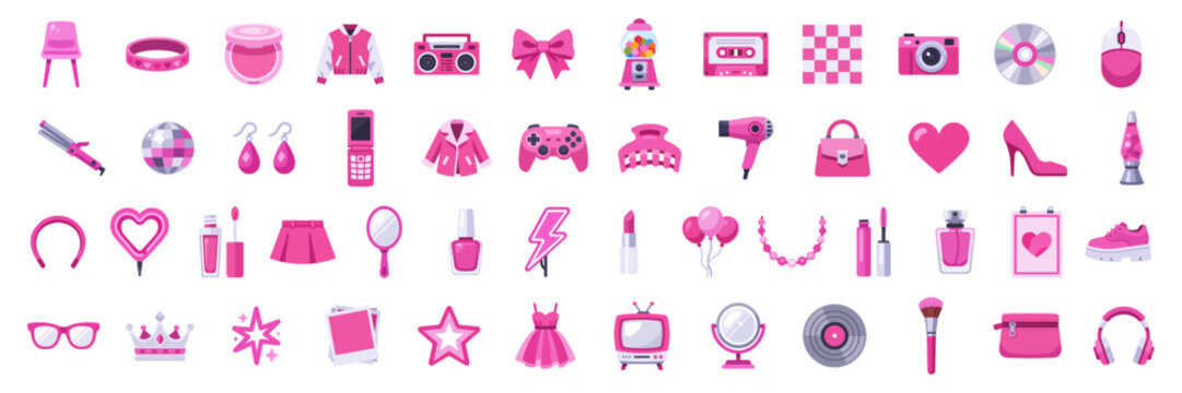 Big pink objects collection, assorted 50 pink illustrations with Retro Barbiecore Icons with Glam Fashion, Y2K Tech, Media, Beauty, Cosmetics and Neon Pop Decor for love and valentines day