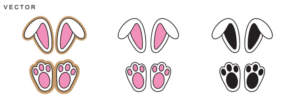 Bunny faces. Rabbit ears and footprint, paws, hole vector illustration on a white background