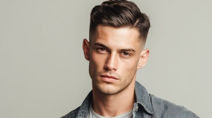 Obraz premium Young caucasian male with short hair in denim jacket posing against gray background.