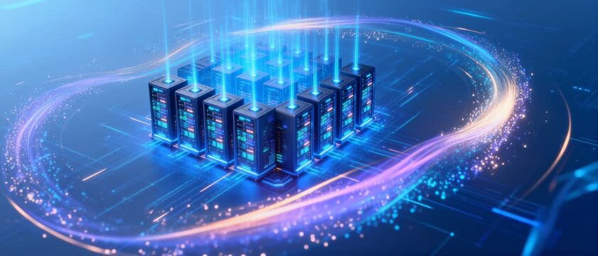 High-Performance Server Cluster with Interconnected Glowing Network Lines in a Modern Data Center Environment