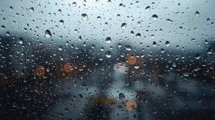 Obraz premium View of numerous raindrops on a window pane with a blurred backdrop of dark city lights, creating an atmospheric rainy night scene.