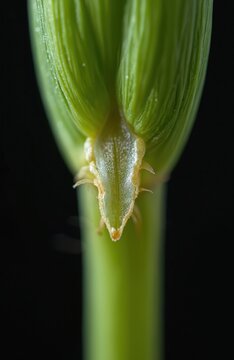 Macro shot of Common Bent grass ligule and leaf. Green plant detail on black background. Nature science botanical study of grass stem structure.