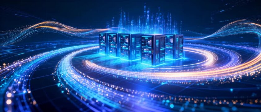 Futuristic Data Center with Glowing Digital Networks and Server Racks in a Dark Blue Technological Environment