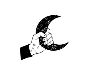 Naklejka premium Hand grasping moon with mountains in surreal night sky art