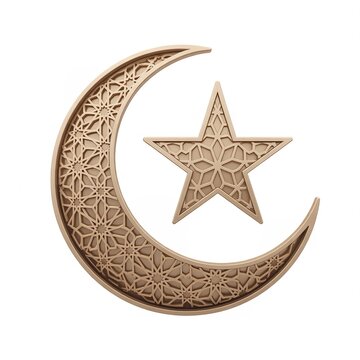 Beautifully crafted wooden crescent moon and star symbolizing islamic culture and traditions in islamic decoration and muslim heritage