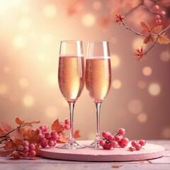 Naklejka premium Two champagne flutes with rose bubbly stand near pink berries. Autumn leaves and bokeh lights create a romantic mood. Ideal for celebrations.
