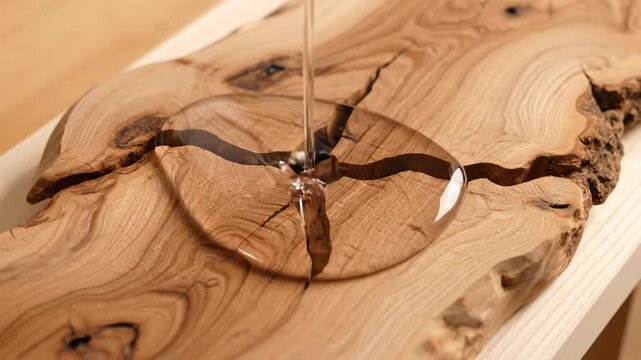 Clear epoxy resin is poured onto a beautiful wooden slab. It fills natural cracks, creating a smooth, glossy surface.