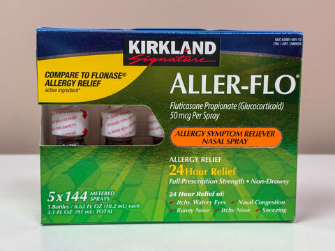 A container of Aller-Flo nose spray on neutral background. Valparaiso, IN USA - January 29, 2026