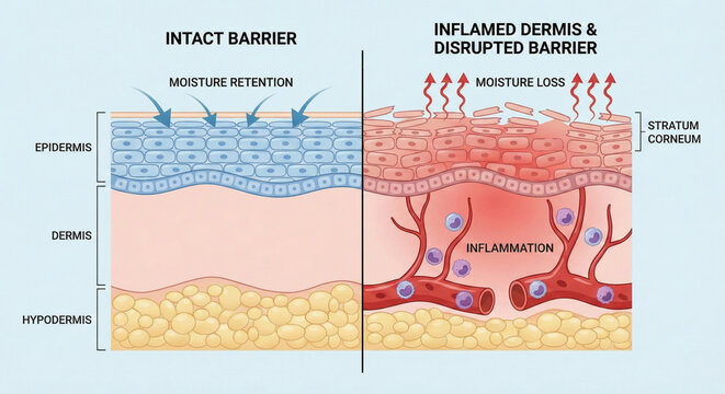 Intact Skin Barrier vs Inflamed Dermis and Moisture Loss