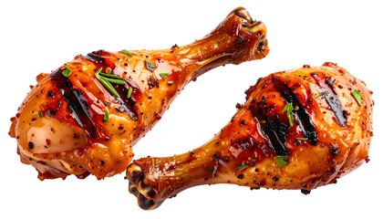 Two grilled chicken drumsticks, glistening with seasoning, on black background