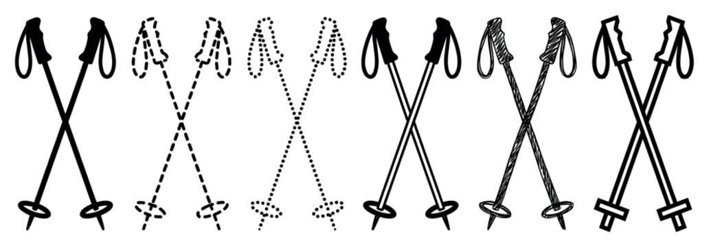 Six pairs of crossed ski pole icons in various black and white styles including solid, dashed, dotted, sketched, and outline for winter sports equipment concepts