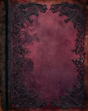 Dark gothic burgundy book cover background with ornate vintage frame