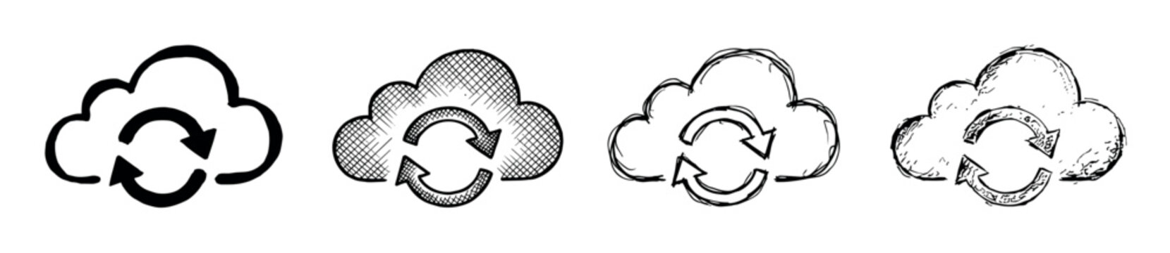 Hand-drawn cloud sync and refresh icons set in four different artistic styles, from simple silhouette to sketchy grunge, representing data backup and online storage