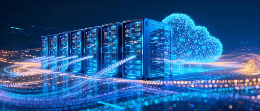 Digital Cloud Computing Infrastructure with Server Racks and Glowing Data Streams in a Futuristic Tech Environment
