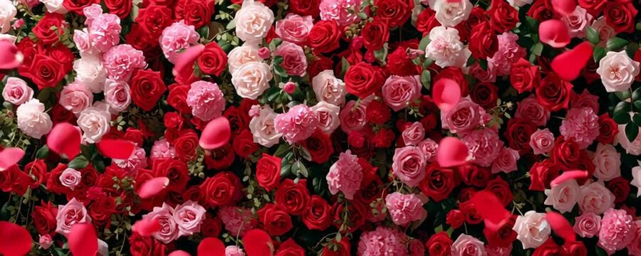 a wall of red and pink roses, a valentine's day backdrop with roses, red and white roses Generative AI