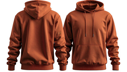 Two views of a terracotta-colored hooded sweatshirt, front and back, on a black background