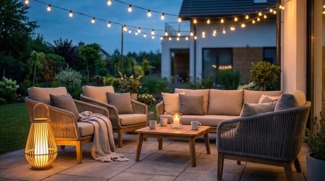 Modern garden patio furniture illuminated by string lights and a candle, creating a comfortable ambiance for evening relaxation and entertaining in a home's backyard
