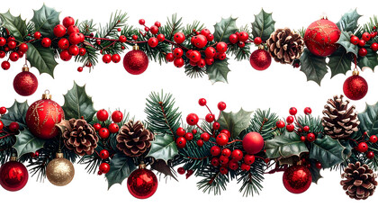 Festive Christmas garland with ornaments, berries, pinecones, and evergreen foliage