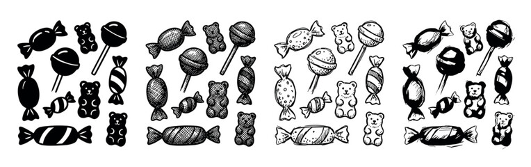 Collection of hand-drawn candy illustrations showing four different graphic styles, including silhouette, hatching, and sketchy line art with lollipops and gummy bears