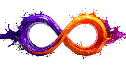 Vibrant infinity symbol formed by merging streams of purple and orange paint, splashing