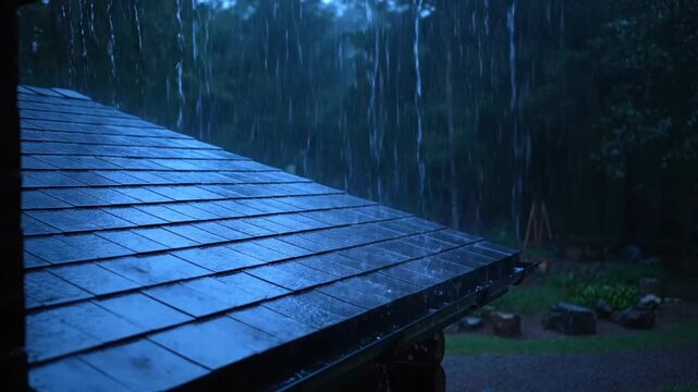 Scenic view of a rain soaked wooden pathway adjacent to a lush green forest during a rainy day