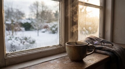 Warm Steaming Cup on Cold Windowsill Traces of Human Presence