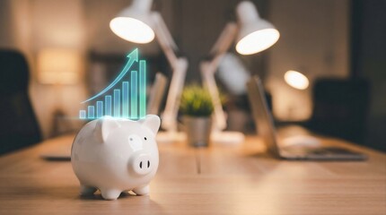 Obraz premium Piggy bank with rising financial growth chart hologram on office desk, savings and investment concept with blurred background