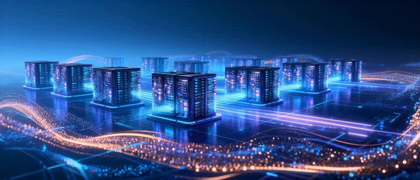 Futuristic Digital Cityscape with Glowing Data Networks Connecting Modern Skyscrapers in a High-Tech Environment
