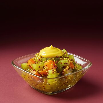A vibrant, tangy mustard pickle relish in a glass dish, featuring chunky vegetables and a bright yellow sauce ,chunky ,onion ,macro