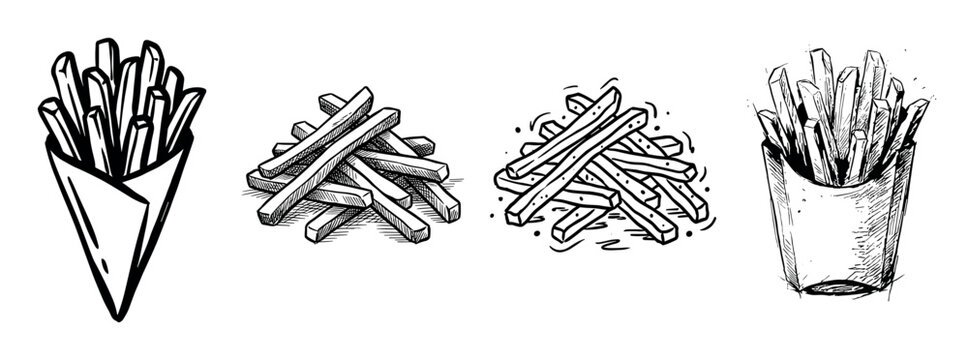 Four hand-drawn french fries illustrations set in a black and white sketch style, showing potatoes in a cone, a box, and in piles for a fast food menu design