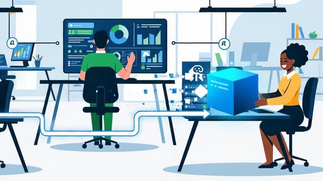 Data flow visualization with diverse team analyzing information in modern office space data transfer concept featuring connected office workers and data