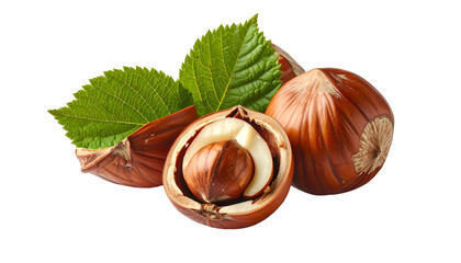 Close-up of hazelnuts with leaves, one halved revealing the nutmeat, against a dark background