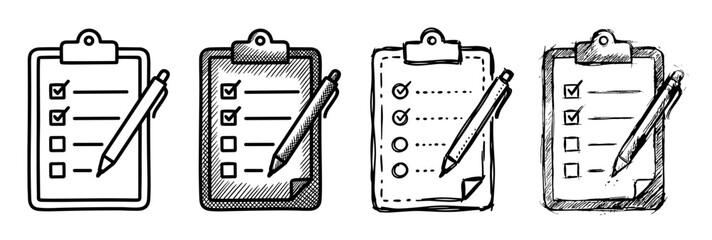 Hand-drawn clipboard checklist icons set in a sketchy doodle style, illustrating task management, surveys, and planning with checkmarks and pens for project organization