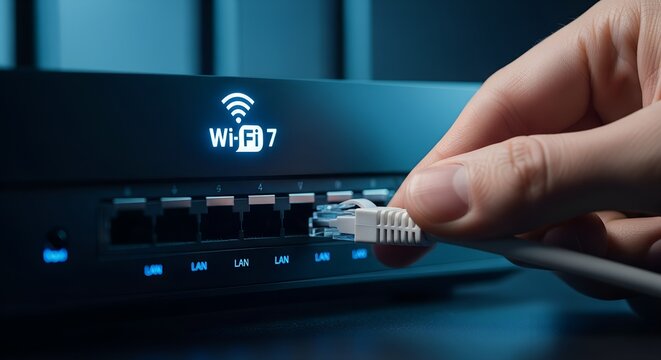 A hand connecting an ethernet cable to a Wi-Fi 7 router