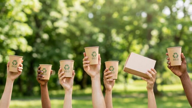 Hands holding eco paper cups and cardboard packaging to promote sustainable recycling in nature.